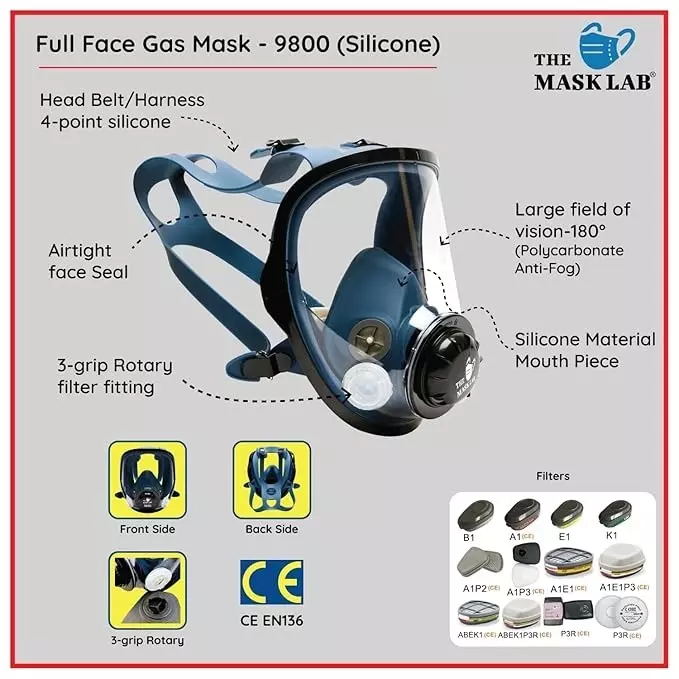 The Mask Lab Full Face Gas Mask Without Air Filters Silicone Head Loop Grey for Industrial Safety & Medical Purpose, TML-9800 1 Pc