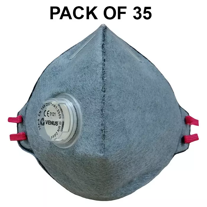 Venus FFP2 NR D Universal Fit Nose Mask with Volv Embedded Nose Clip C-Shaped Grey for Pollution Dust Protection Use, V-425 (Pack of 35 Pcs)
