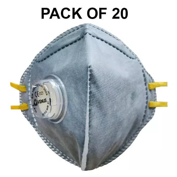 Venus FFP3 NR D Universal Fit Nose Mask with Volv Embedded Nose Clip Flat Fold Grey for Pollution Dust Protection Use, V-430 (Pack of 20 Pcs)