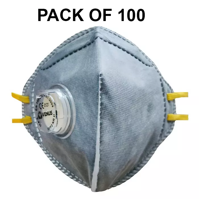 Venus FFP3 NR D Universal Fit Nose Mask with Volv Embedded Nose Clip Flat Fold Grey for Pollution Dust Protection Use, V-430 (Pack of 100 Pcs)