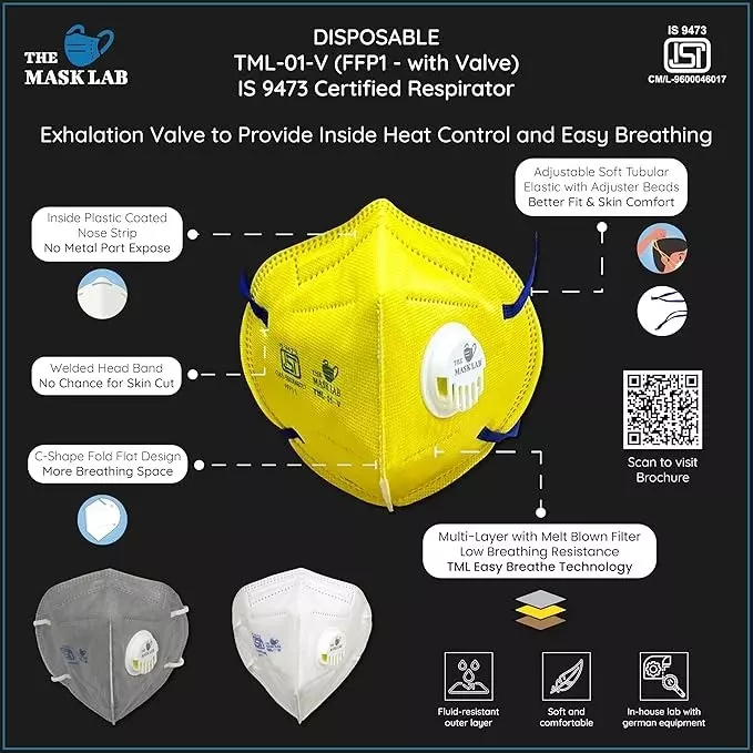 The Mask Lab Face Mask With Valve C Shape Polypropylene Head Loop White for Industrial Safety & Medical Purpose, TML-01-V 30 Pcs