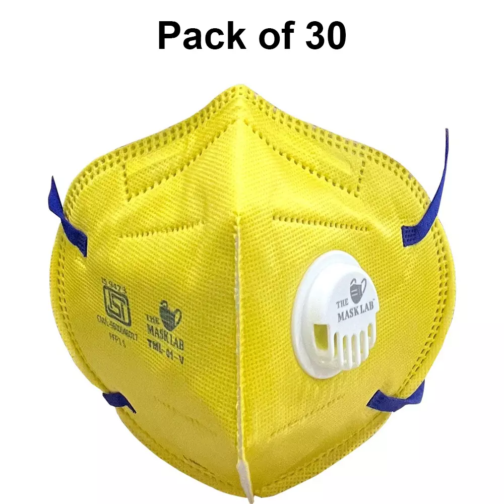 The Mask Lab Face Mask With Valve C Shape Polypropylene Head Loop Yellow for Industrial Safety & Medical Purpose, TML-01-V 30 Pcs