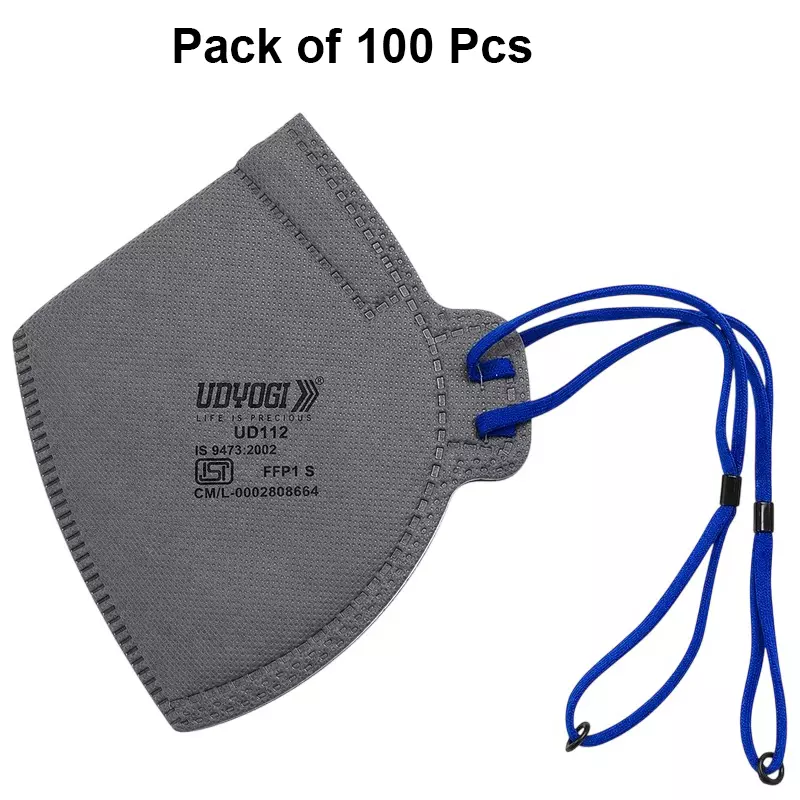 udhyogi-flat-fold-disposable-respirator-mask-grey-80-filtration-efficiency-adjustable-nose-clip-for-warehouse-construction-area-use-ud112-pack-of-100-pcs