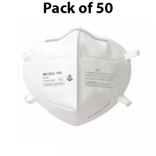 3M Respirator Face Mask Flat Fold Type N95 Class White Free Size, 9502 NIOSH (Pack of 50)