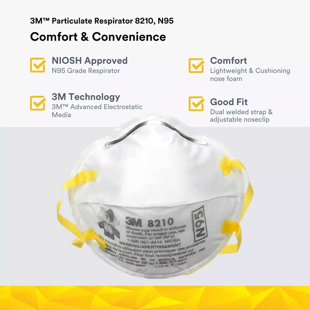 3M Universal Fit Nose Mask Cup-Shaped Free Size White for Dust Pollution Protection Use, 8210 (Pack of 50 Pcs)