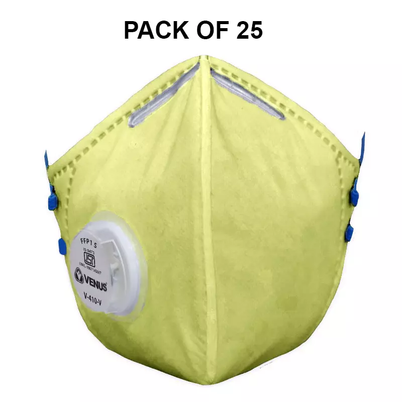 Venus FFP1-S Universal Fit Nose Mask with Volv Embedded Aluminium Nose Clip C-Shaped Yellow for Pollution Dust Protection Use, V-410 (Pack of 25 Pcs)