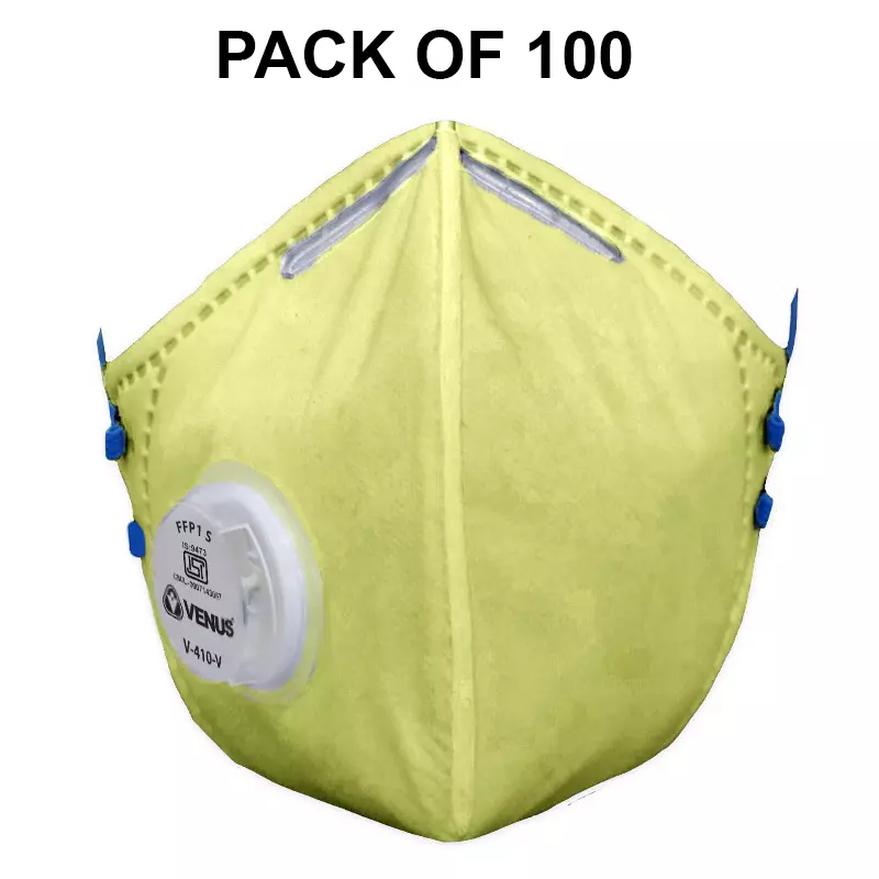 Venus FFP1-S Universal Fit Nose Mask with Volv Embedded Aluminium Nose Clip C-Shaped Yellow for Pollution Dust Protection Use, V-410 (Pack of 100 Pcs)