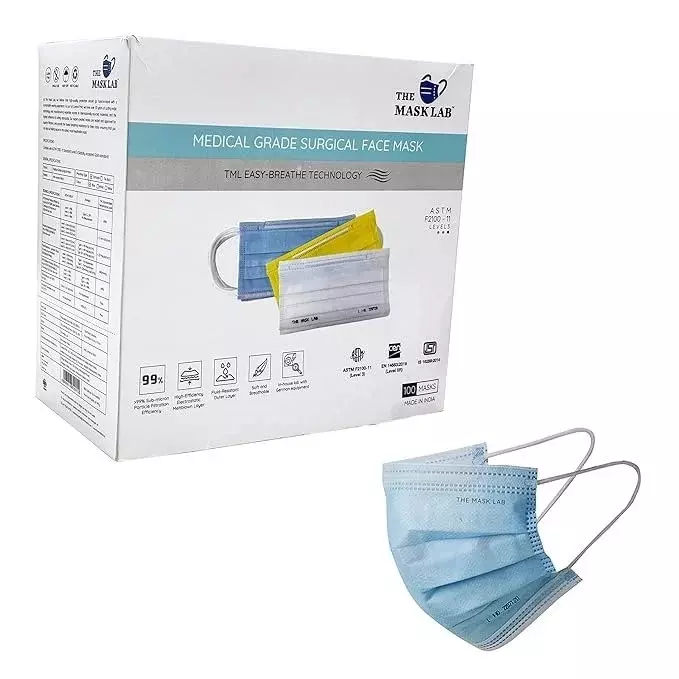 The Mask Lab Surgical Face Mask Ultrasonic C Shape Ear Loop Blue for Industrial Safety & Medical Purpose, ASTM F2100-11 50 Pcs