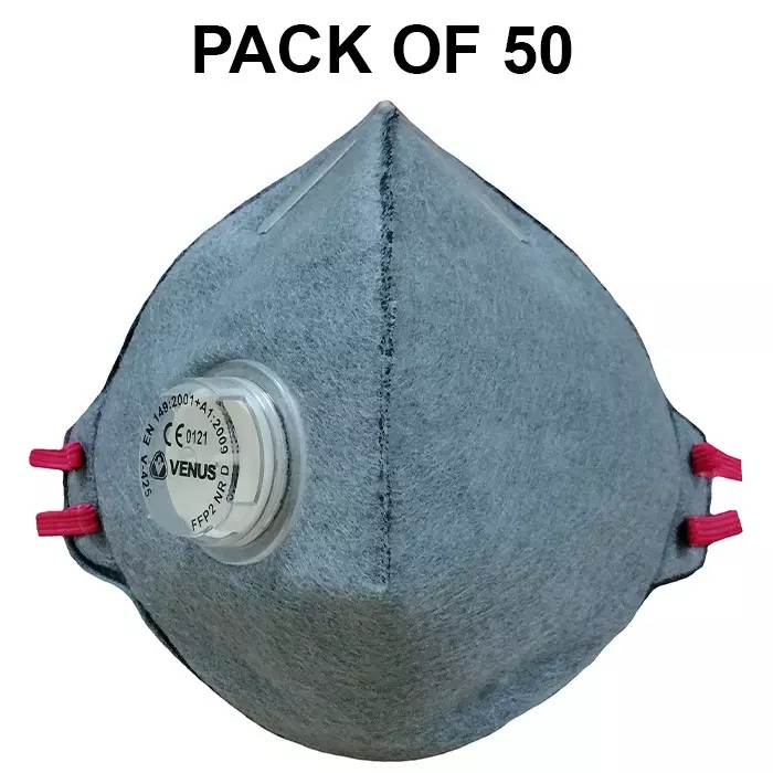Venus FFP2 NR D Universal Fit Nose Mask with Volv Embedded Nose Clip C-Shaped Grey for Pollution Dust Protection Use, V-425 (Pack of 50 Pcs)