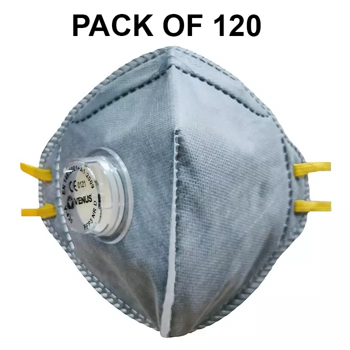 Venus FFP3 NR D Universal Fit Nose Mask with Volv Embedded Nose Clip Flat Fold Grey for Pollution Dust Protection Use, V-430 (Pack of 120 Pcs)