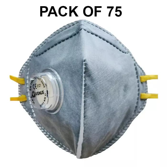 Venus FFP3 NR D Universal Fit Nose Mask with Volv Embedded Nose Clip Flat Fold Grey for Pollution Dust Protection Use, V-430 (Pack of 75 Pcs)