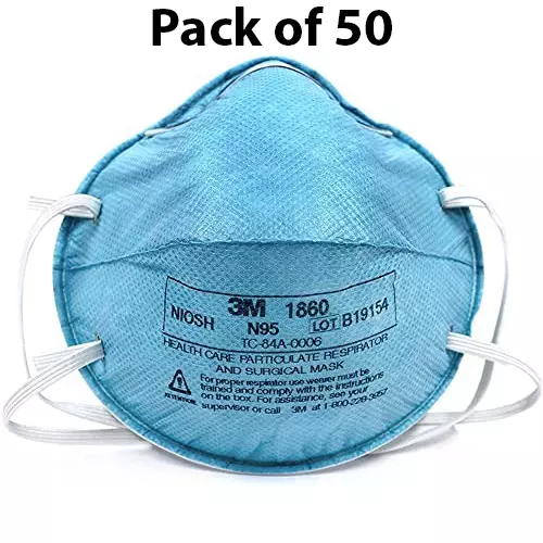 3M Respirator and Surgical Mask Type N95 Class Teal Free Size, 1860 (Pack of 50)