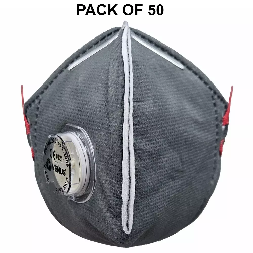 Venus FFP2 NR D Universal Fit Nose Mask with Volv Embedded Nose Clip Flat Fold Grey for Pollution Dust Protection Use, V-420 (Pack of 50 Pcs)