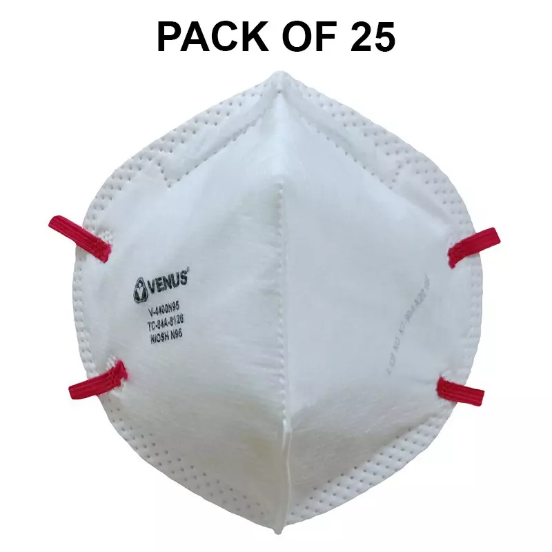 Venus N95 Universal Fit Nose Mask Flat Fold Welded Head Strap C-Shaped White for Pollution Dust Protection Use, V-4400 (Pack of 25 Pcs)
