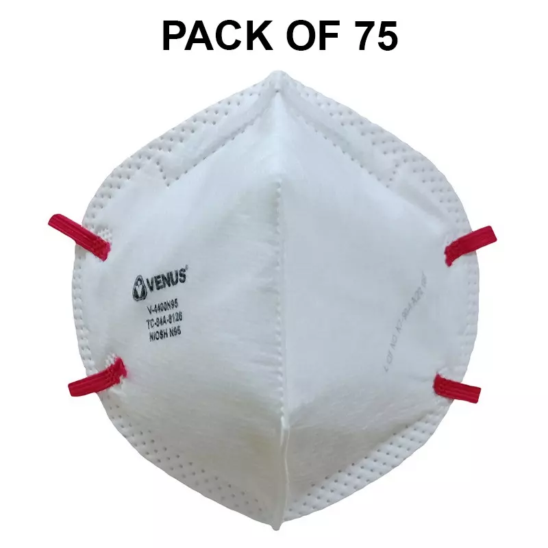 Venus N95 Universal Fit Nose Mask Flat Fold Welded Head Strap C-Shaped White for Pollution Dust Protection Use, V-4400 (Pack of 75 Pcs)