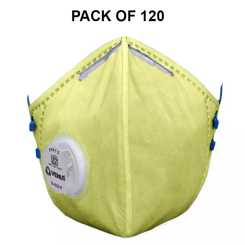 Venus FFP1-S Universal Fit Nose Mask with Volv Embedded Aluminium Nose Clip C-Shaped Yellow for Pollution Dust Protection Use, V-410 (Pack of 120 Pcs)