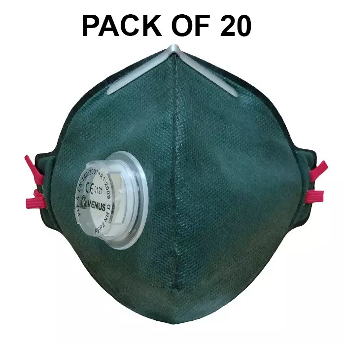 Venus FFP2 NR D Universal Fit Nose Mask with Volv Embedded Aluminium Nose Clip Flat Fold Green for Pollution Dust Protection Use, V-414 (Pack of 20 Pcs)