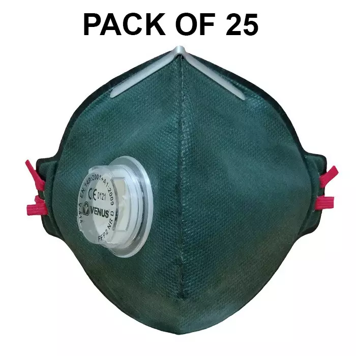 Venus FFP2 NR D Universal Fit Nose Mask with Volv Embedded Aluminium Nose Clip Flat Fold Green for Pollution Dust Protection Use, V-414 (Pack of 25 Pcs)