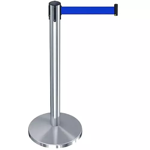 Darit 1 Pc Crowd Control Stanchion Pole Heavy Duty Construction Chrome Finish with 2.4 m Retractable Belt Blue Color, ESM-11-BLUE-SINGLE