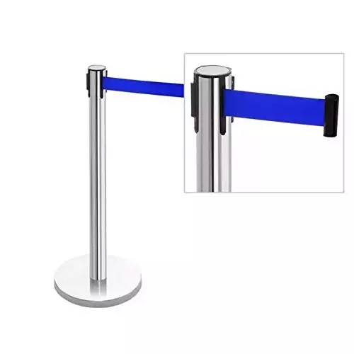 Darit 1 Pc Crowd Control Stanchion Pole Heavy Duty Construction Chrome Finish with 2.4 m Retractable Belt Blue Color, ESM-11-BLUE-SINGLE
