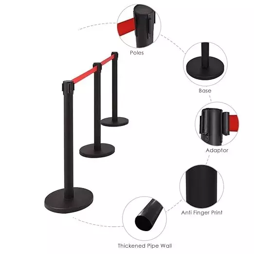 Darit 2 Pcs Crowd Control Stanchion Pole Heavy Duty Construction Powder Coated Finish with 2 m Retractable Belt Red Color, ESM-13-RED