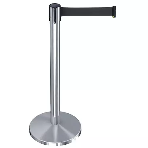 Darit 1 Pc Crowd Control Stanchion Pole Heavy Duty Construction Chrome Finish with 2.4 m Retractable Belt Black Color, ESM-11-BLACK-SINGLE
