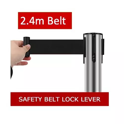 Darit 1 Pc Crowd Control Stanchion Pole Heavy Duty Construction Chrome Finish with 2.4 m Retractable Belt Black Color, ESM-11-BLACK-SINGLE