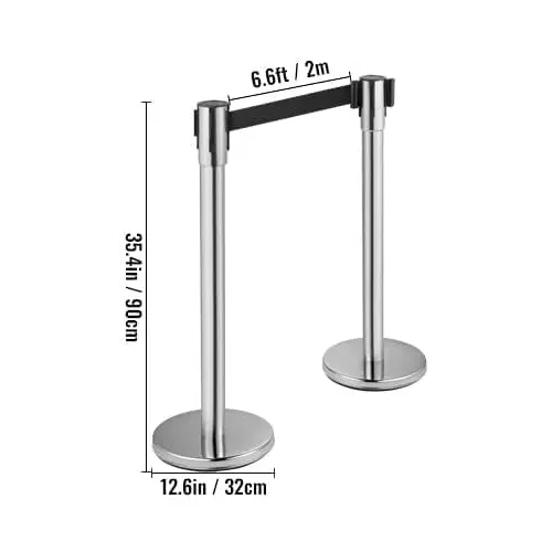 Darit 1 Pc Crowd Control Stanchion Pole Heavy Duty Construction Chrome Finish with 2.4 m Retractable Belt Black Color, ESM-11-BLACK-SINGLE