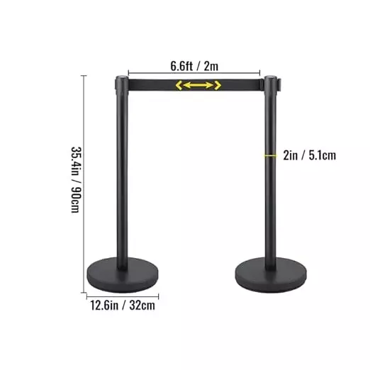 Darit 2 Pcs Crowd Control Stanchion Pole Heavy Duty Construction Powder Coated Finish with 2 m Retractable Belt Black Color, ESM-13-BLACK