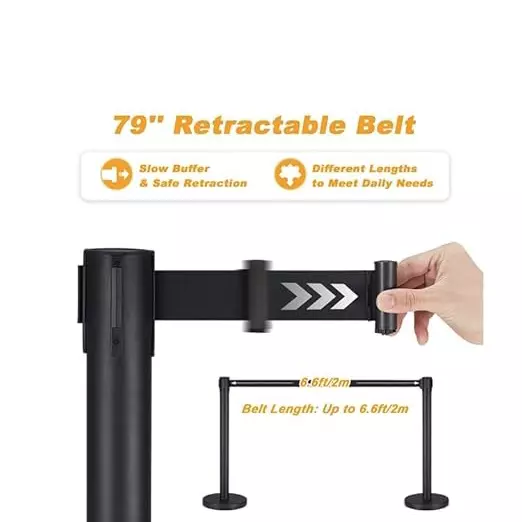 Darit 2 Pcs Crowd Control Stanchion Pole Heavy Duty Construction Powder Coated Finish with 2 m Retractable Belt Black Color, ESM-13-BLACK
