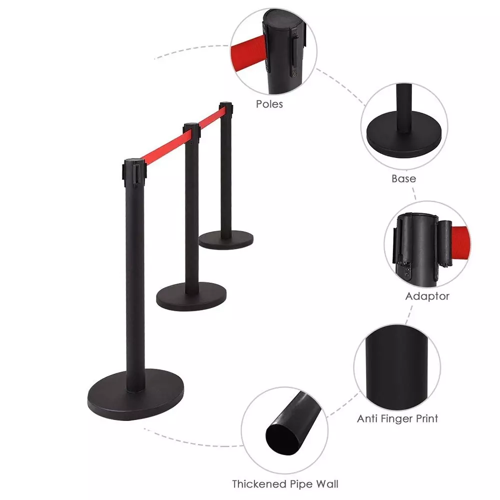 Darit 2 Pcs Crowd Control Stanchion Pole Heavy Duty Construction Powder Coated Finish with 2 m Retractable Belt Black Color, ESM-13-BLACK