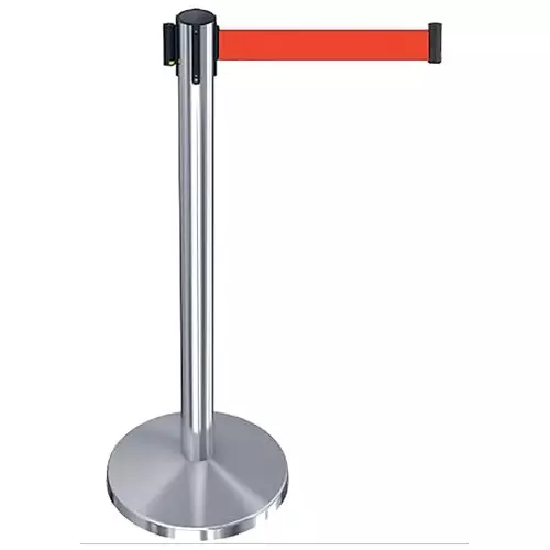 Darit 1 Pc Crowd Control Stanchion Pole Heavy Duty Construction Chrome Finish with 2.4 m Retractable Belt Red Color, ESM-11-RED-SINGLE