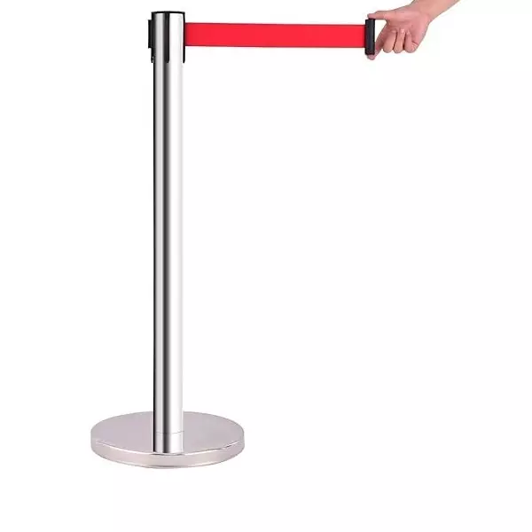 Darit 1 Pc Crowd Control Stanchion Pole Heavy Duty Construction Chrome Finish with 2.4 m Retractable Belt Red Color, ESM-11-RED-SINGLE