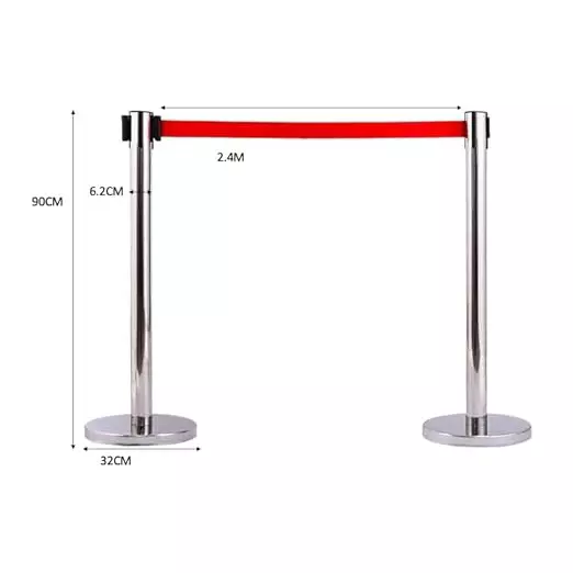 Darit 1 Pc Crowd Control Stanchion Pole Heavy Duty Construction Chrome Finish with 2.4 m Retractable Belt Red Color, ESM-11-RED-SINGLE