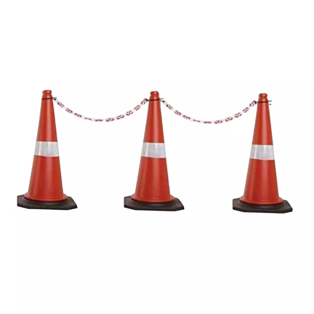 Safemetal Traffic Safety Cone Set with Reflective Strips, 3 m Connecting Chain & Hook PVC Body with Rubber Base and 75 cm Height, GE-8J46-SCOG (Pack of 3)