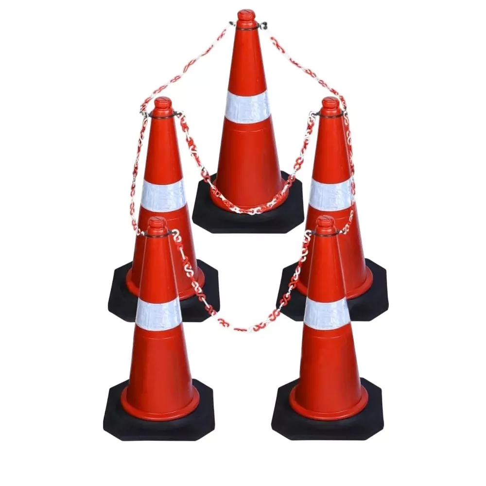 Safemetal Traffic Safety Cone Set with Reflective Strips, 5 m Connecting Chain & Hook PVC Body with Rubber Base and 45 cm Height, XE-S6RW-5WEX (Pack of 5)