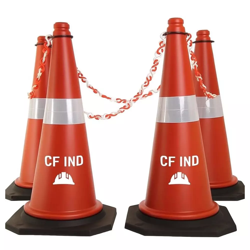 GENERIC CF IND Traffic Safety PVC Cone Set with Reflective Strips 4 m Chain Barrier 750 mm Size (Pack of 4)