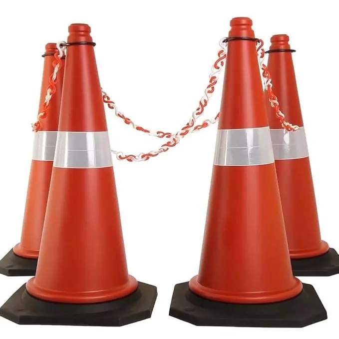Bombay MS Road Traffic Cones Light Weight PVC Red Reflective Strips with 4 m Chain & 4 Hooks