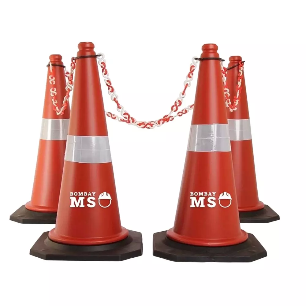 Safemetal Traffic Safety Cone Set with Reflective Strips, 4 m Connecting Chain & Hook PVC Body with Rubber Base and 90 cm Height, SC-HQ3M-EE0F (Pack of 4)