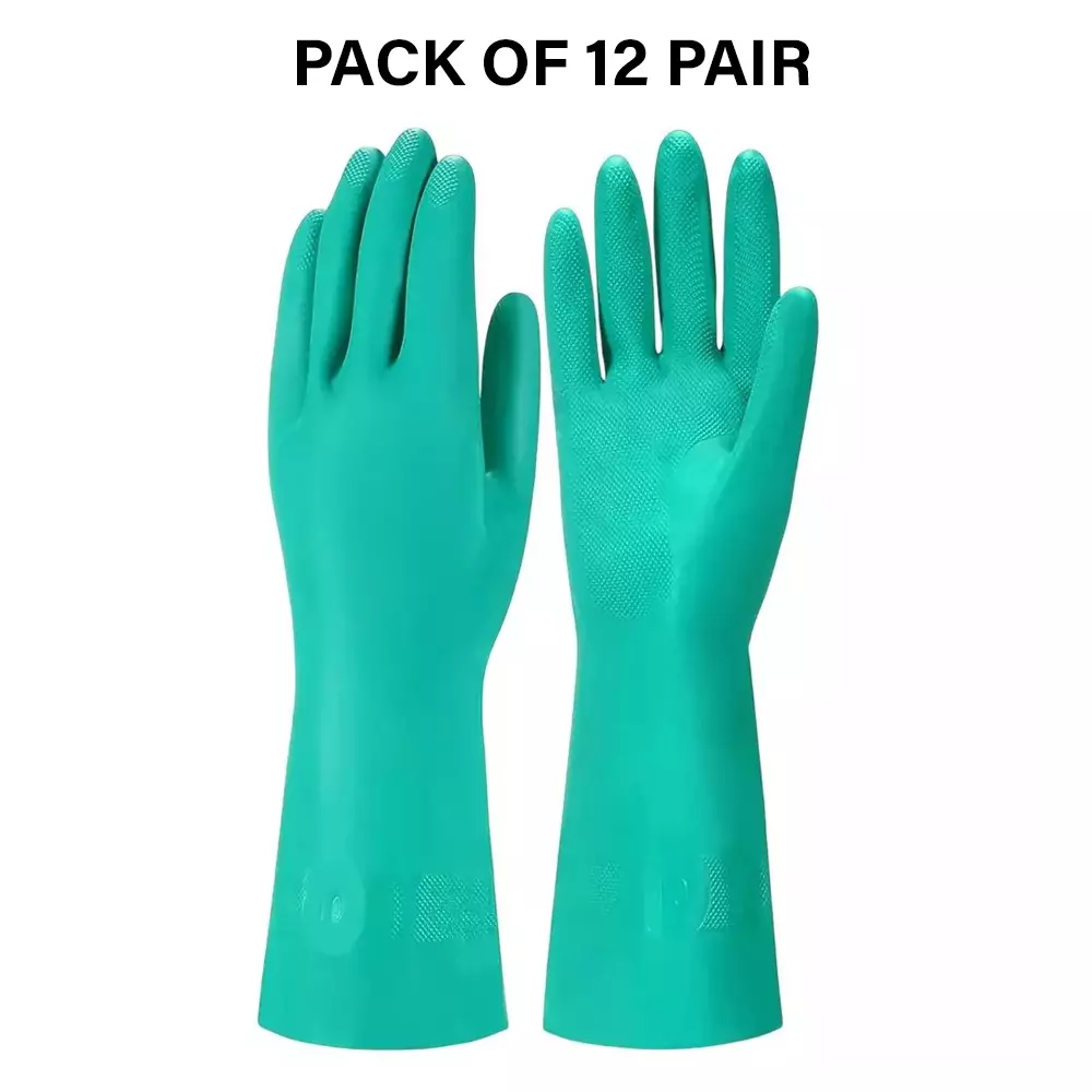 Swavind Safety Hand Gloves Chemical Resistant Natural Rubber Green Free Size (Pack of 12 Pair)