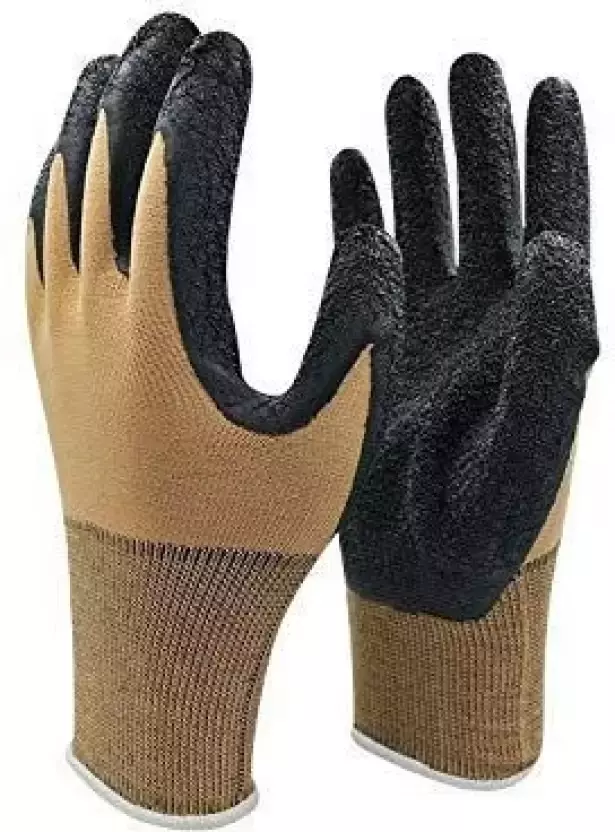 Swavind Safety Hand Gloves Durable Synthetic Fabric Crinkle-Coated Palm with Abrasion Resistance Brown & Black Free Size (Pack of 120 Pair)