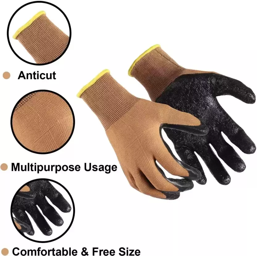 Swavind Safety Hand Gloves Durable Synthetic Fabric Crinkle-Coated Palm with Abrasion Resistance Brown & Black Free Size (Pack of 120 Pair)