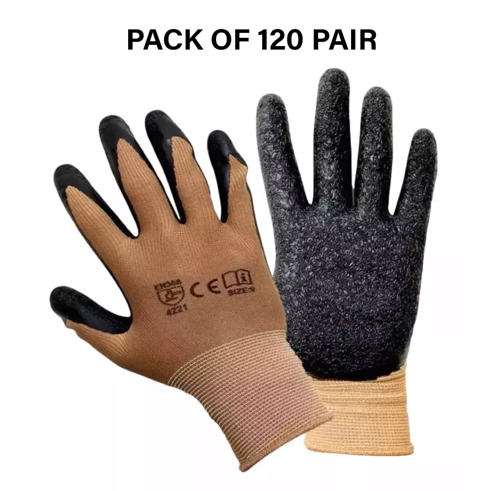 Swavind Safety Hand Gloves Durable Synthetic Fabric Crinkle-Coated Palm with Abrasion Resistance Brown & Black Free Size (Pack of 120 Pair)