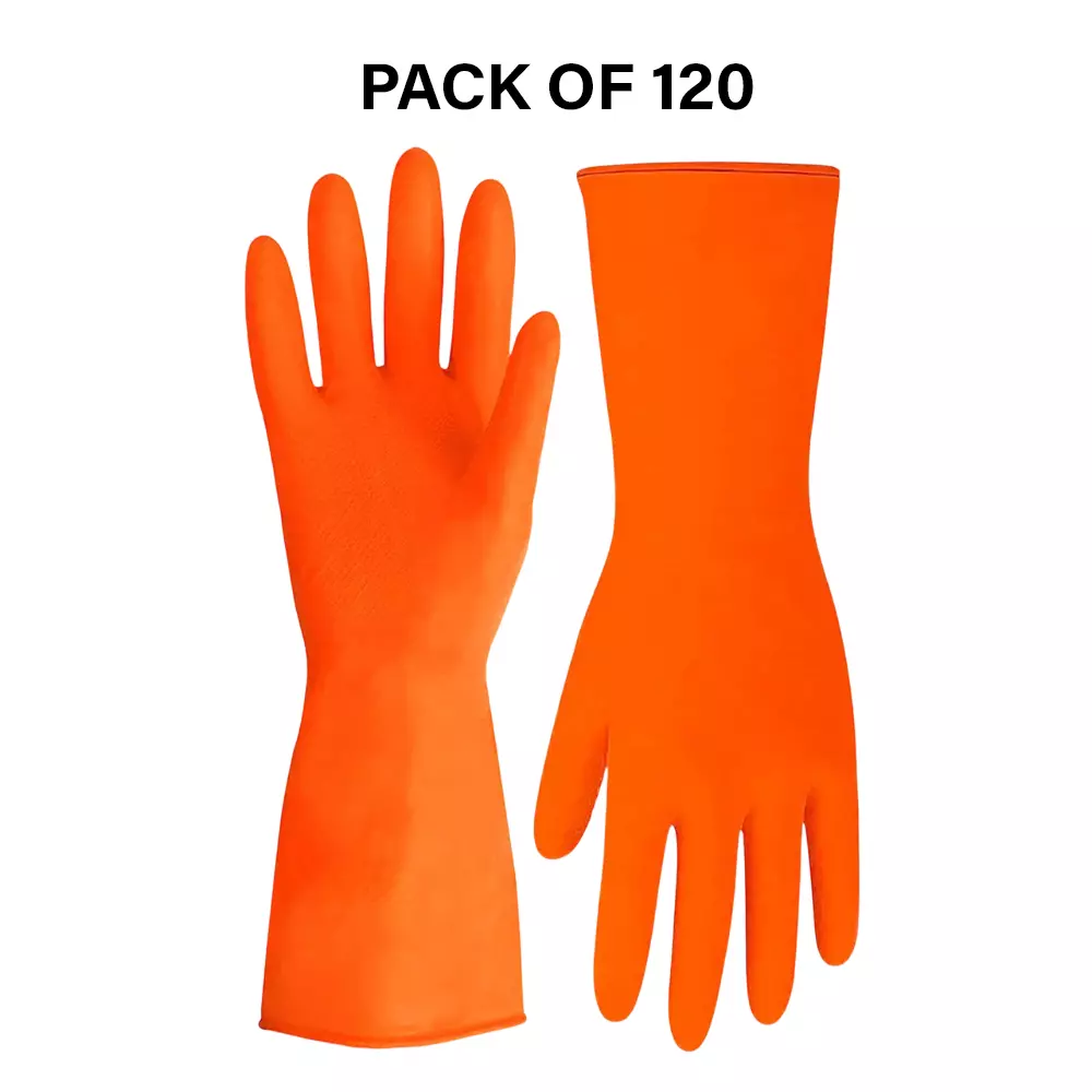 Laxmi Safety Hand Gloves Orange Acid and Alkali Chemical Resistant 55.88 cm (22 inch) Long (Pack of 120 Pair)