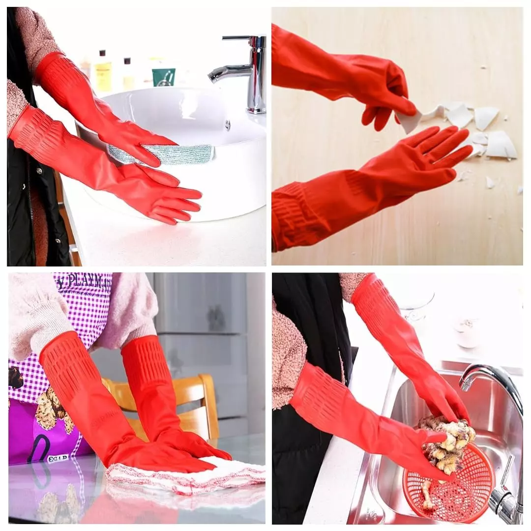 Swavind Safety Hand Gloves High-Quality Natural Rubber Chemical Resistant Red Free Size (Pack of 12 Pair)