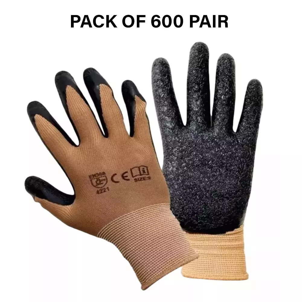 Swavind Safety Hand Gloves Durable Synthetic Fabric Crinkle-Coated Palm with Abrasion Resistance Brown & Black Free Size (Pack of 600 Pair)