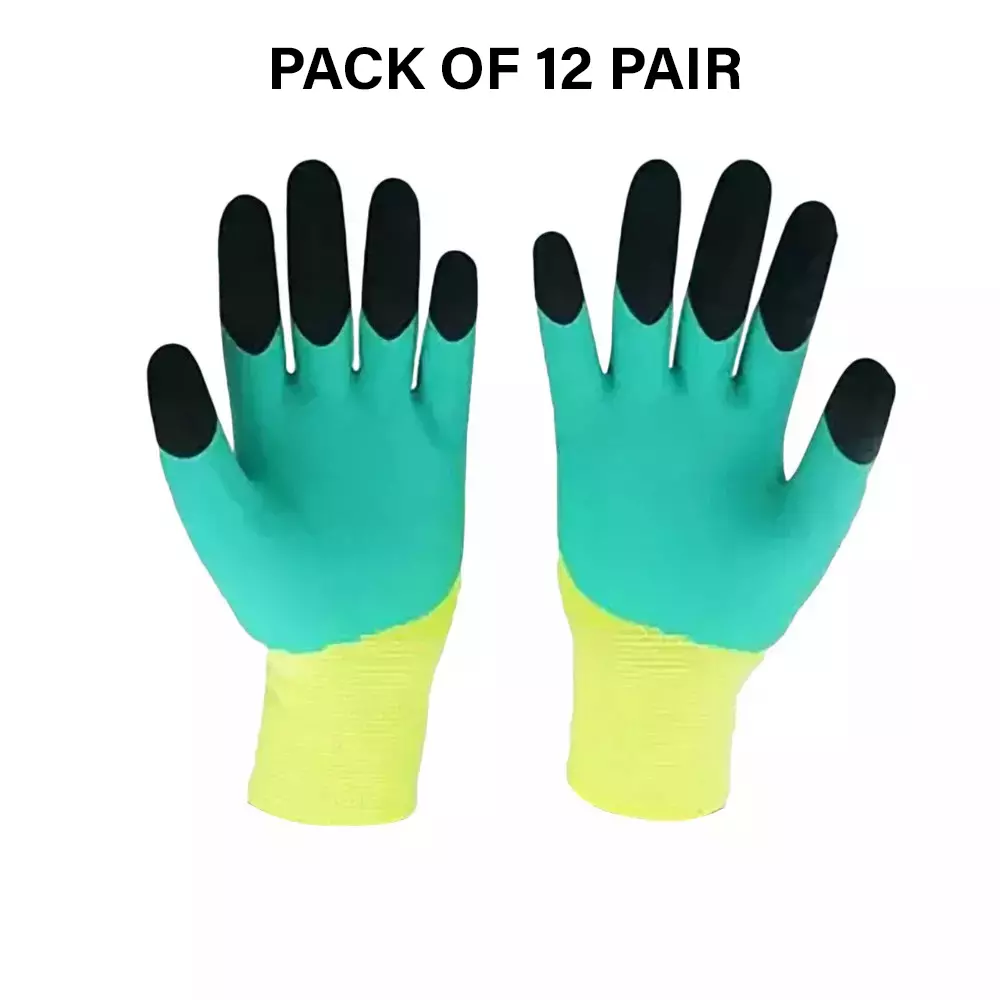 Swavind Safety Hand Gloves Durable Synthetic Material Foam Coated Palm Green & Black Free Size (Pack of 12 Pair)