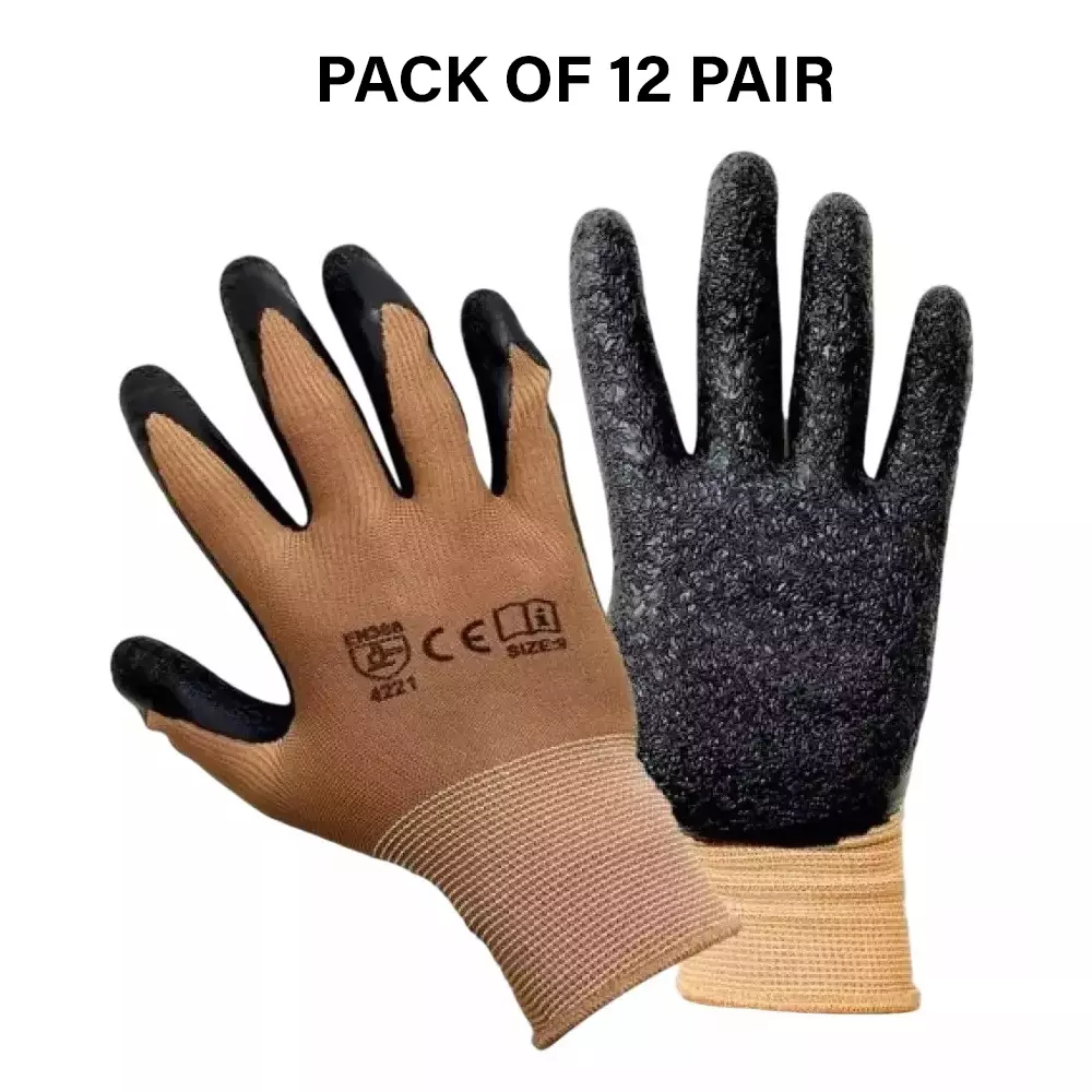 Swavind Safety Hand Gloves Durable Synthetic Fabric Crinkle-Coated Palm with Abrasion Resistance Brown & Black Free Size (Pack of 12 Pair)