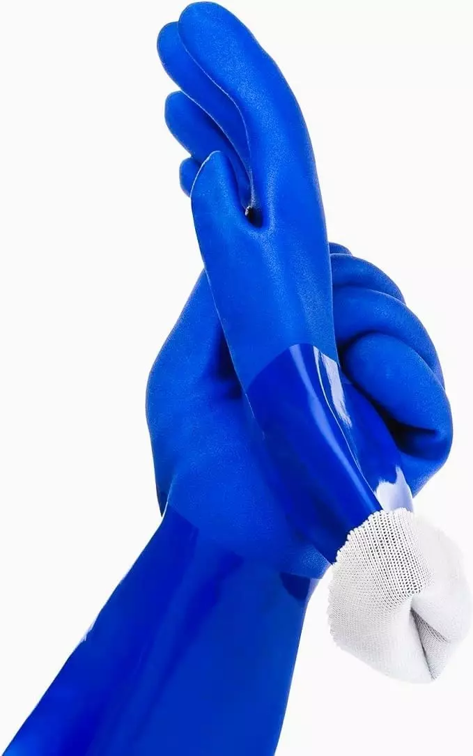 Swavind Safety Hand Gloves High-Quality PVC Textured Palm and Fingers 36 cm (14 inch) Length Blue Free Size (Pack of 12 Pair)