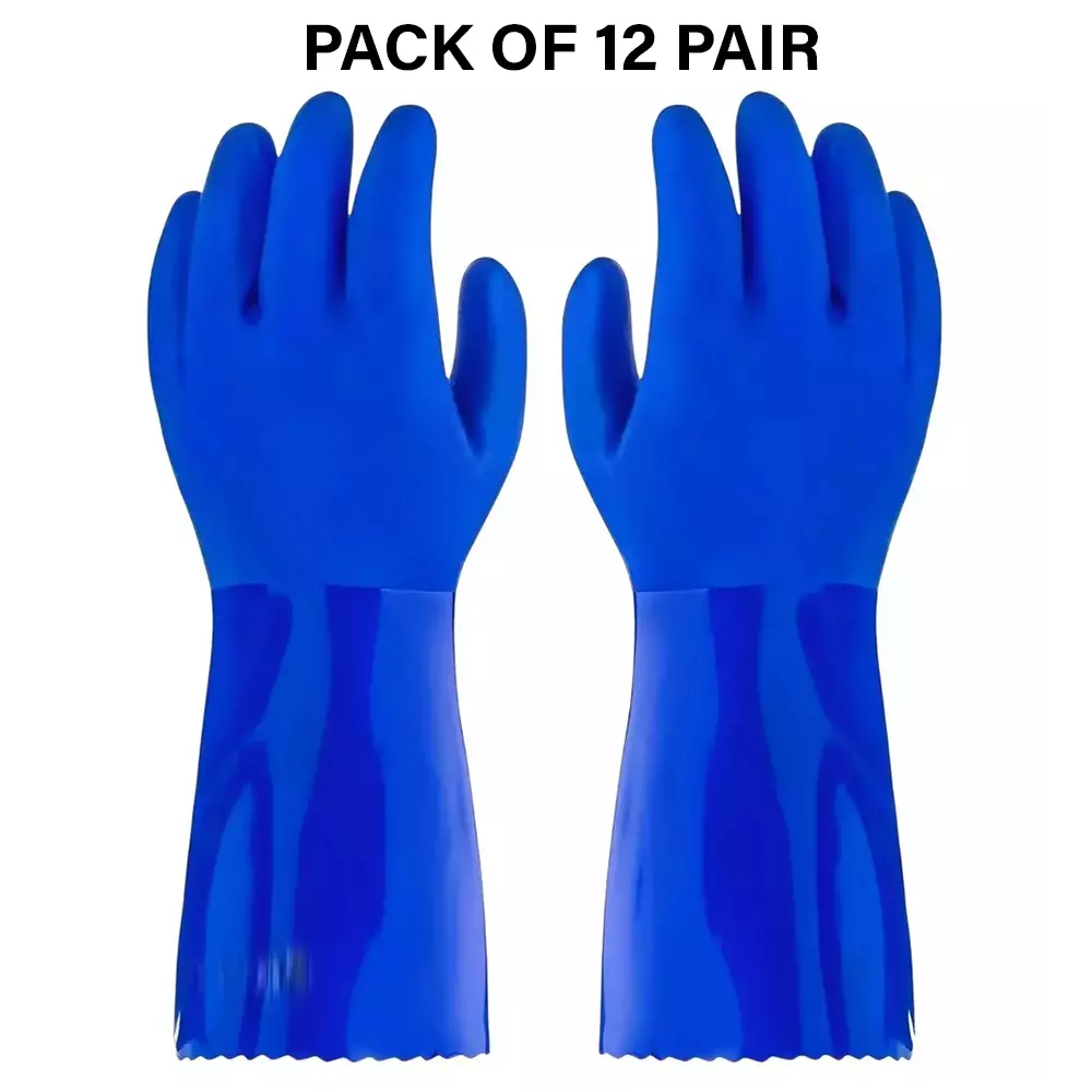 Swavind Safety Hand Gloves High-Quality PVC Textured Palm and Fingers 36 cm (14 inch) Length Blue Free Size (Pack of 12 Pair)